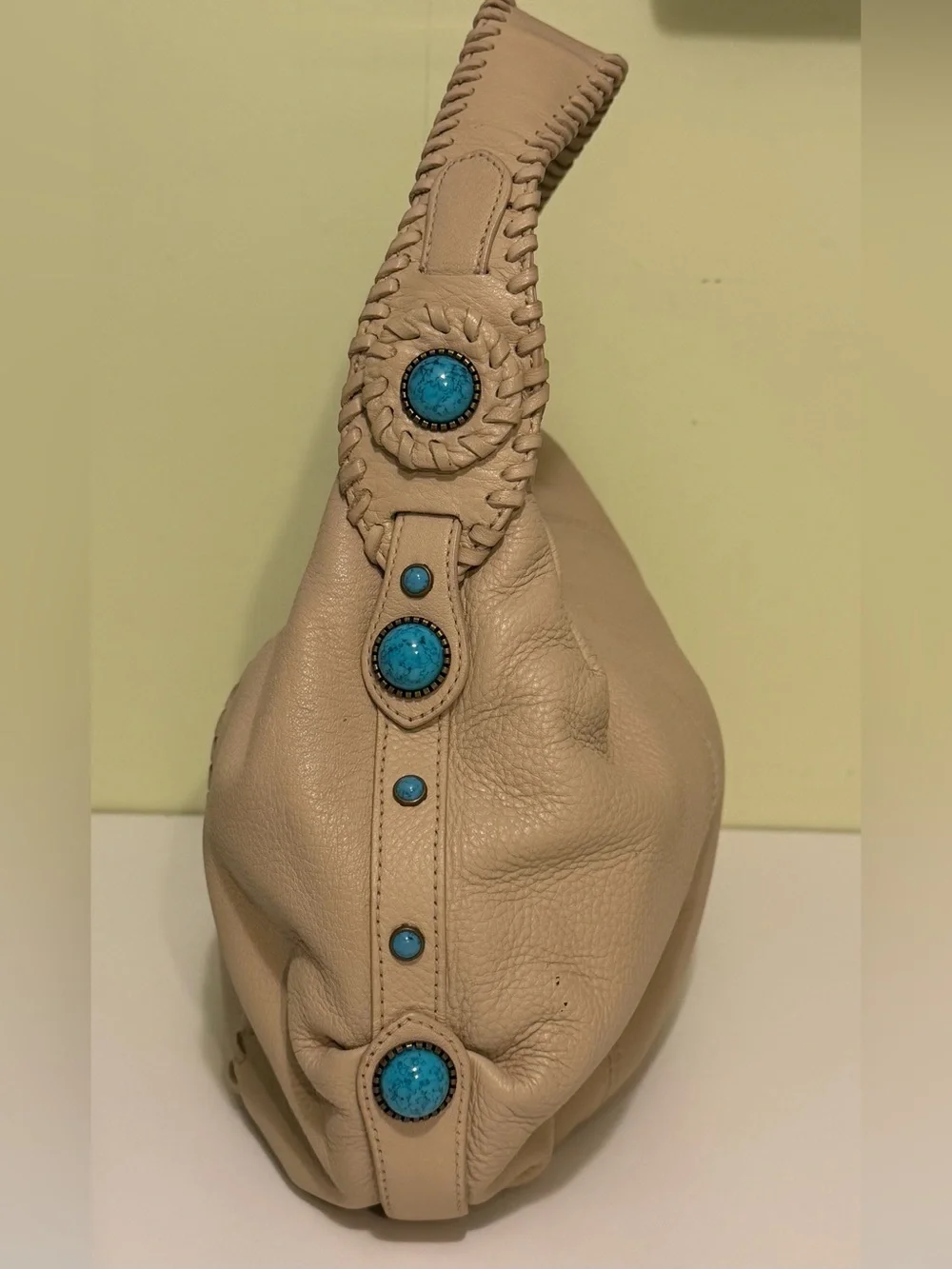 Franco Sarto Leather Hobo Shoulder Bag Beige Faux Turquoise Bead Accents REFURB